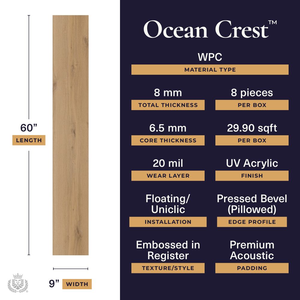 Ocean Crest - Morning Tide | 20mil 8mm 9x60 WPC Vinyl Plank | Lions Floor