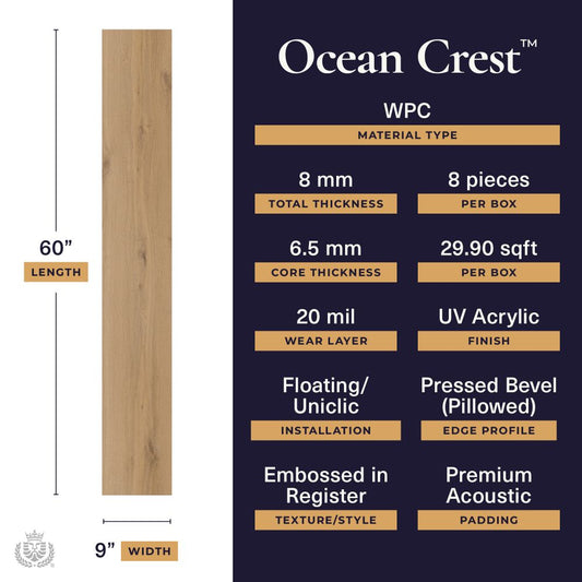Ocean Crest - Morning Tide | 20mil 8mm 9x60 WPC Vinyl Plank | Lions Floor