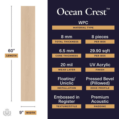 Ocean Crest - Tidal Whisper | 20mil 8mm 9x60 WPC Vinyl Plank | Lions Floor